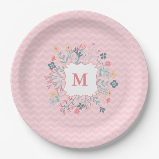 Roze Chevron Monogram Aangepast papier Bord 9 inch (Voorkant)