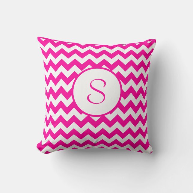 Roze Chevron Monogramed Hot roze Kussen (Voorkant)