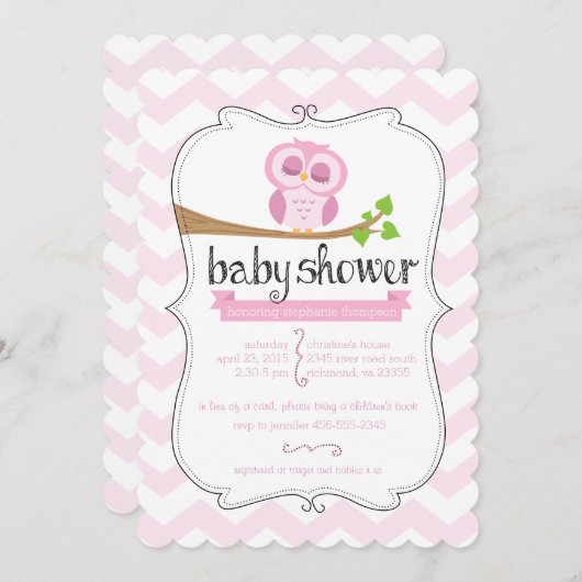 Roze Chevron Owl Baby shower Uitnodiging (Voorkant / Achterkant)