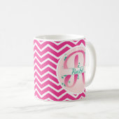 Roze Chevron Patroon Monogram Koffiemok (Voorkant rechts)