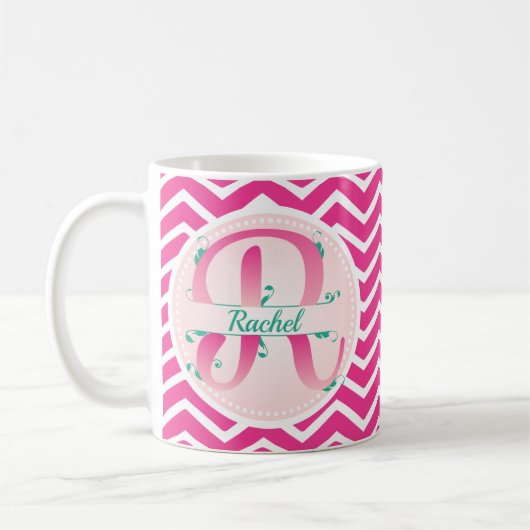 Roze Chevron Patroon Monogram Koffiemok (Links)