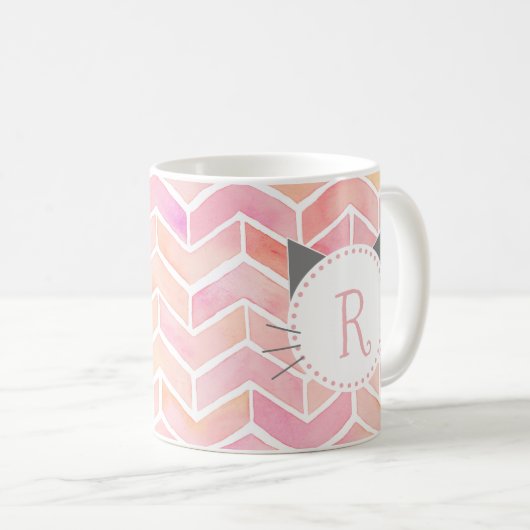 Roze Chevron Pattern | Cute Cat Monogram Koffiemok (Voorkant rechts)
