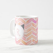 Roze Chevron Pattern | Cute Cat Monogram Koffiemok (Voorkant links)