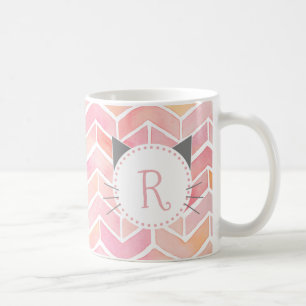 Roze Chevron Pattern Cute Cat Monogram Koffiemok