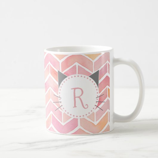 Roze Chevron Pattern | Cute Cat Monogram Koffiemok (Rechts)
