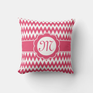 Roze Chevron Pattern & Monogram Flower Kussen