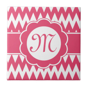 Roze Chevron Pattern & Monogram Flower Tegeltje