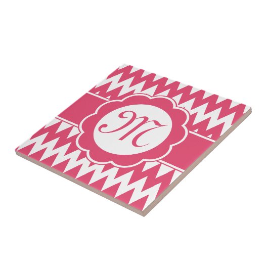 Roze Chevron Pattern & Monogram Flower Tegeltje (Zijkant)