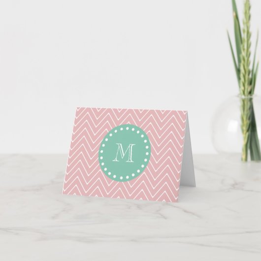 Roze Chevron Pattern | Munt Green Monogram Notitiekaartje (Voorkant)