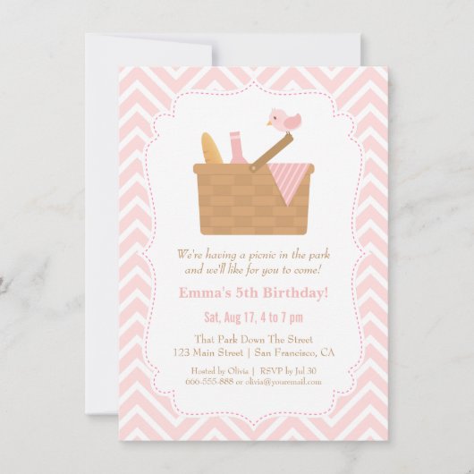Roze Chevron Picknick Verjaardagsfeest Uitnodiging (Voorkant)