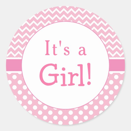 Roze Chevron & Polkas Dot Baby shower Ronde Sticker (Voorkant)