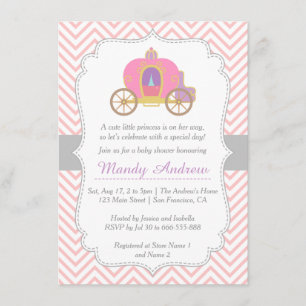 Roze Chevron, Princess Carriage, Girl Baby shower Kaart