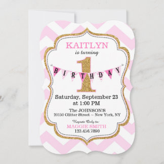 Roze Chevron print Gold Glitter First Birthday Kaart