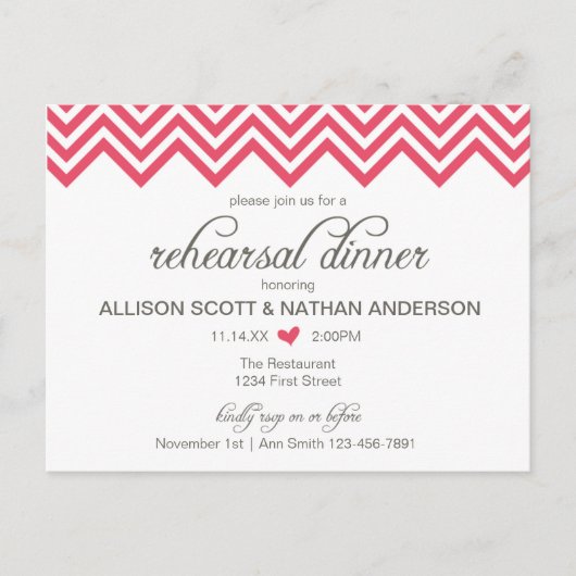 Roze Chevron Rehearsal Dinner Invite Briefkaart (Voorkant)