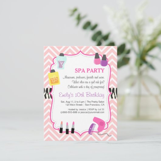 Roze Chevron, Spa Birthday Party Invitation Kaart (Staand voorkant)