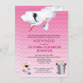 Roze Chevron Stork Baby Sip en See Party Kaart (Voorkant / Achterkant)