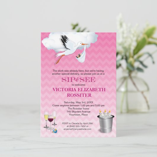 Roze Chevron Stork Baby Sip en See Party Kaart (Staand voorkant)