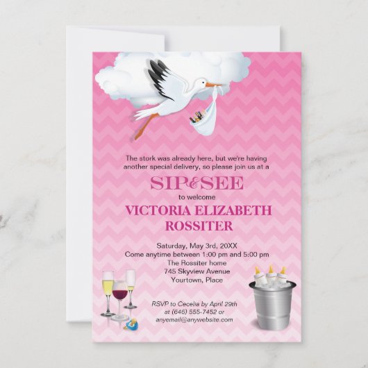 Roze Chevron Stork Baby Sip en See Party Kaart (Voorkant)