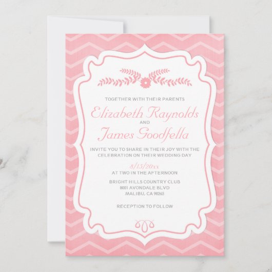 Roze Chevron Stripes Wedding Invitations Kaart (Voorkant)