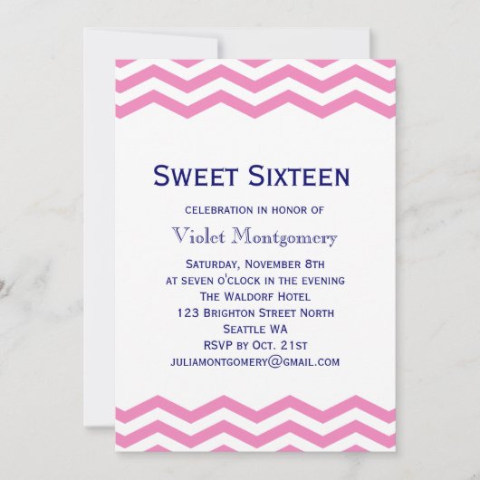 Roze Chevron Sweet Sixteen Uitnodiging (Voorkant)
