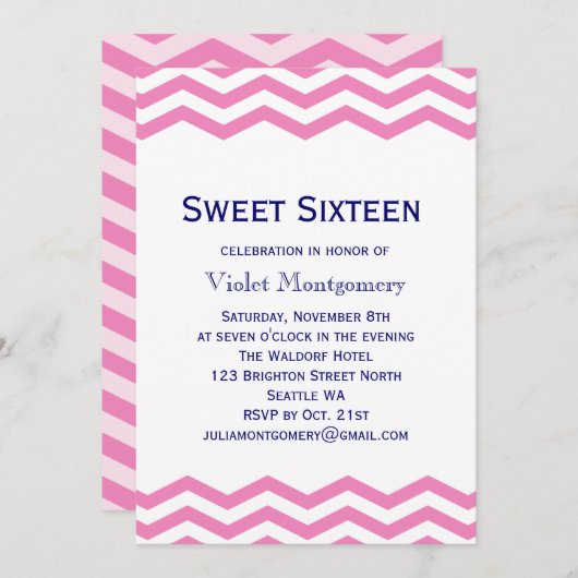 Roze Chevron Sweet Sixteen Uitnodiging (Voorkant / Achterkant)