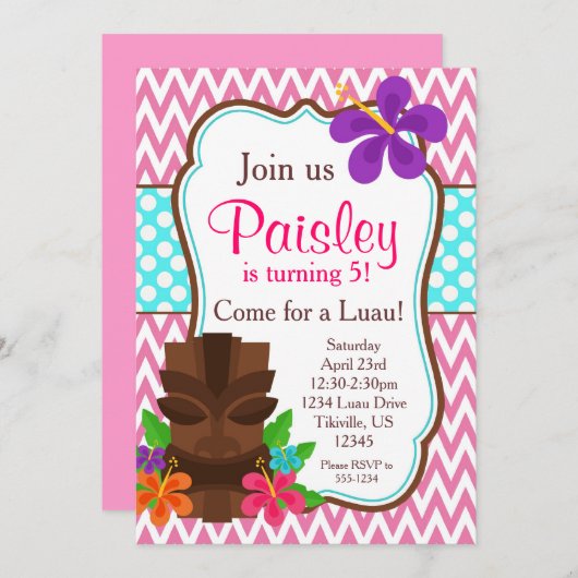 Roze Chevron, Tiki Man Luau Birthday Party Kaart (Voorkant / Achterkant)