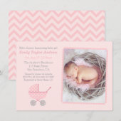 Roze Chevron wandelwagen Foto Baby Meisje Douche Kaart (Voorkant / Achterkant)