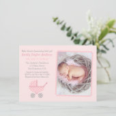 Roze Chevron wandelwagen Foto Baby Meisje Douche Kaart (Staand voorkant)