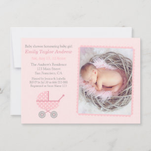 Roze Chevron Wandelwagen Foto Meisjes Baby Shower Kaart