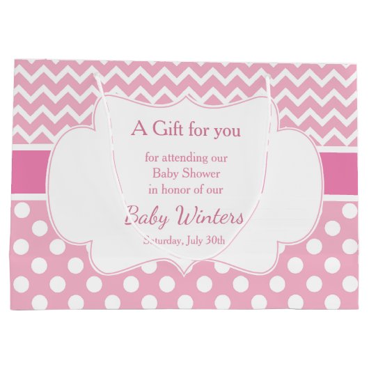 Roze Chevron & Witte Polka Dots Baby shower Party Groot Cadeauzakje (Achterkant)