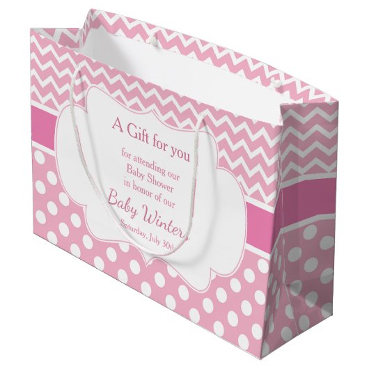 Roze Chevron & Witte Polka Dots Baby shower Party Groot Cadeauzakje (Achterkant Gekanteld)