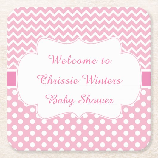 Roze Chevron & Witte Polka Dots Baby shower Party Kartonnen Onderzetters (Voorkant)
