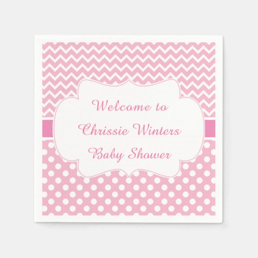Roze Chevron & Witte Polka Dots Baby shower Party Servet (Voorkant)