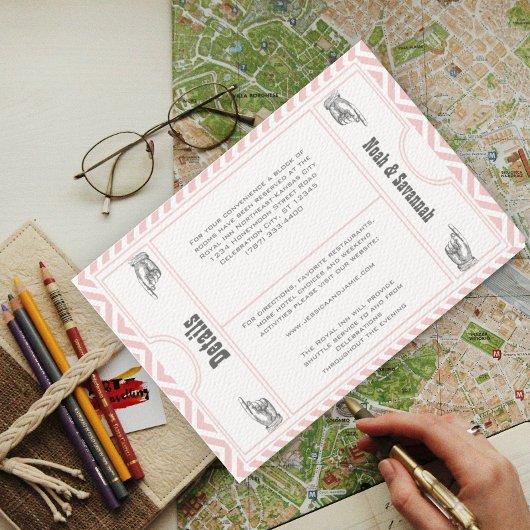 Roze Chevron Zig Zag  Modern Ticket Wedding Informatiekaartje