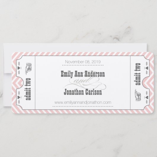 Roze Chevron Zig Zag  Modern Ticket Wedding Kaart (Achterkant)