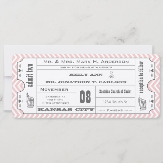 Roze Chevron Zig Zag  Modern Ticket Wedding Kaart (Voorkant)