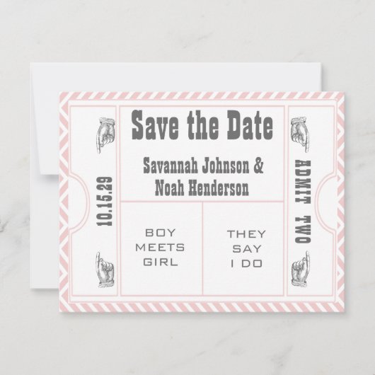 Roze Chevron Zig Zag  Modern Ticket Wedding Save The Date (Voorkant)