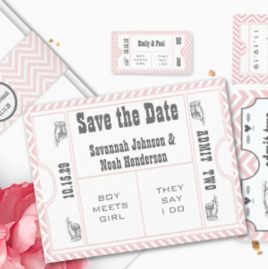 Roze Chevron Zig Zag  Modern Ticket Wedding Save The Date