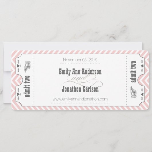 Roze Chevron Zig Zag Old Hollywood Ticket Wedding Kaart (Achterkant)