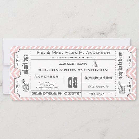 Roze Chevron Zig Zag Old Hollywood Ticket Wedding Kaart (Voorkant)