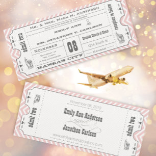 Roze Chevron Zig Zag Old Hollywood Ticket Wedding Kaart