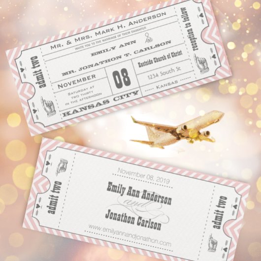 Roze Chevron Zig Zag Old Hollywood Ticket Wedding Kaart