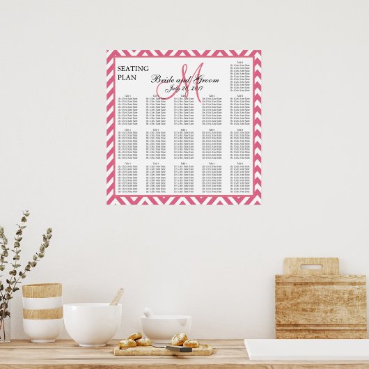 Roze Chevron Zig Zag Wedding Seating Chart Poster (Keuken)