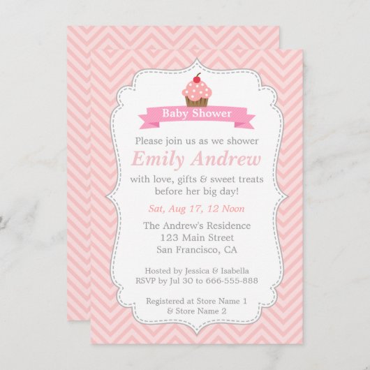 Roze Chevron, zoete cupcake, Baby shower Kaart (Voorkant / Achterkant)