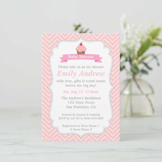 Roze Chevron, zoete cupcake, Baby shower Kaart (Staand voorkant)