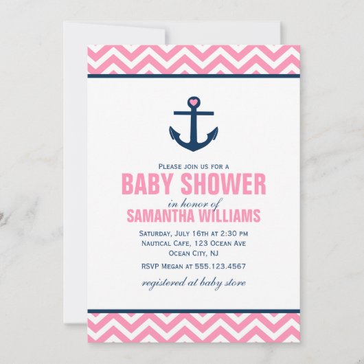Roze Chevrons Nautical Girl Baby shower Kaart (Voorkant)