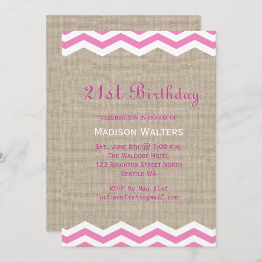 Roze Chevrons op Burlap Birthday Uitnodiging (Voorkant / Achterkant)