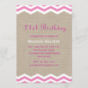 Roze Chevrons op Burlap Birthday Uitnodiging