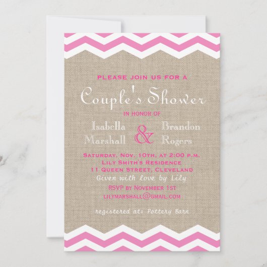 Roze Chevrons op Burlap Couple's Shower Invite Kaart (Voorkant)