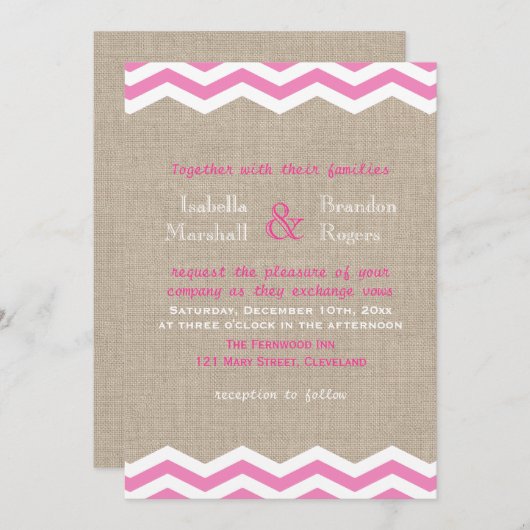 Roze Chevrons op Burlap Wedding Invitation Kaart (Voorkant / Achterkant)